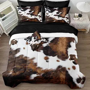 Bedbay Cow Print Comforter Set Queen Size Animal Skin Bedding 8 Pcs Queen Bed in a Bag Western Cowhide Rustic Bedding Brown Milk Cow Print Bed Set for All Seasons(Brown,Queen)