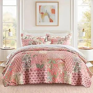 Etwel 100% Cotton Patchwork Queen Size Quilt Set - Lightweight Breathable Reversible Bedspread for Hot Sleepers, Farmhouse Bedding Set with 2 Pillow Shams for All Season (90"x90", Pink Floral)