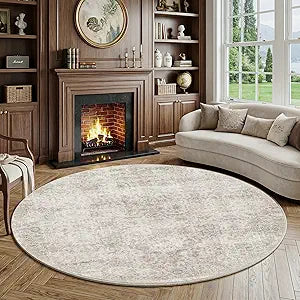 FMFUNCTEX 8ft Round Washable Area Rug Beige Vintage Neutral Distressed Large Non Slip Carpet for Living Room Bedroom Soft Low Pile Indoor Mat Retro Floral Throw Rug for Dining Kitchen Office Nursery