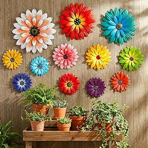Zhehao 12 Pcs Metal Flower Wall Art Hanging 3D Daisy Decor Metal Flowers Outdoor Decor Multicolored Layered Floral Sunflower Wall Decorations for Home Garden Porch Patio, 6/8/10/12 Inches