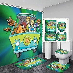 AOLDHYY Scooby Scoob Bathroom 4 Pieces Set Shower Curtain, Toilet Lid Cover and Bath Mat, Non-Slip Rugs, Durable and Waterproof, for Bathroom Decor Set, 72" x 72"