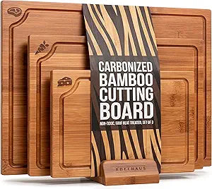 EDELHAUS Carbonized Bamboo Cutting Boards  Cutting Board Set of 3 Heat Treated for Rich Color & Lower Moisture Absorption, Chopping Boards with Juice Groove, Non-Toxic, FSC Certified incl. Stand