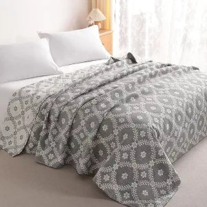 NTBAY 3 Layers Cotton Muslin 106x92 King Bed Blanket, Super Soft Breathable Thermal Yarn Dyed Quilt for Adults, Perfect Lightweight Blanket for Couch Sofa Bed All Seasons, Grey Garlands