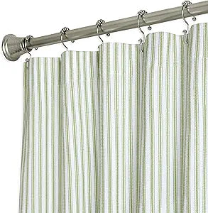 Tarragon Green and White Ticking Stripe Shower Curtain Woven Cotton Extra Long 72 Inches W x 84 Inches L