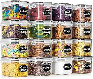 Wildone Cereal & Dry Food Storage Container Set of 16 [0.8L /3.38 Cups] for Sugar, Flour and Baking Supplies, Airtight Leak-proof & BPA Free, with 20 Labels & 1 Marker