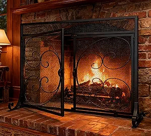 Kingson Flat Fireplace Screen with Hinged Doors Handcrafted Wrought Iron Classical Scroll Durable Metal Mesh Decorative Free Standing Fireplace Spark Guard- Black