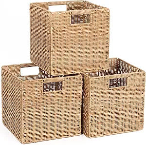 10.5 x 10.5 in Plastic Wicker Baskets for Cube Storage, Collapsible Square Wicker Storage Basket Set of 3, Rattan Storage Cube, Square Baskets for Shelves - Khaki