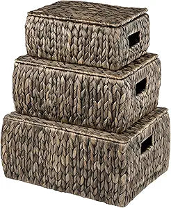 Set of 3 Black Wicker Baskets with Lid - Black Baskets for Organizing, Storage