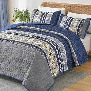 WONGS BEDDING 3 Pieces Quilt Set King Size, Navy Blue Quilt Bedspread Lightweight Bohemian Coverlet Set with 2 Pillowcase, Soft Geometry Printed Bedding Set King for All Season 104"90"