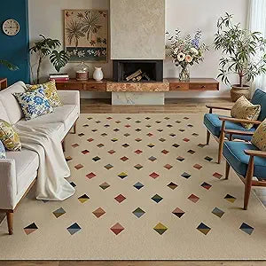 HUGEAR 8x10 Jute Outdoor Indoor Checkered Rug Washable Linen Textured Weave High Traffic Stain Resistant Non Slip Durable Carpet for Livingroom Patio Deck Balcony Courtyard (Rainbow, 8' x 10')
