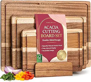 Acacia Wood Cutting Board for Kitchen, Non-Toxic Cutting Board Set of 3, Chopping Boards with Deep Juice Groove for Meat, Cheese & Vegetables - Durable & Double sided with serving Compartments