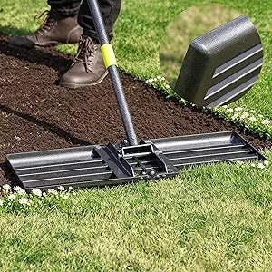 Lawn Leveling Rake Heavy Duty, 30"x10" Large Ground Plate Leveler Tool, Anti Flipping Smooth Edge Pull Behind Garden Landscape Rake for Soil Sand Dirt Yard Top Dressing, Long Handle 65 Inch
