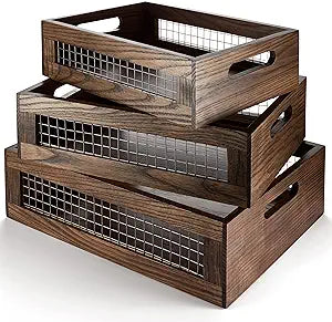 Set of 3 Wooden Nesting Countertop Baskets, Rustic Wood Storage Crates with Handles for Kitchen, Pantry, Bathroom, Fruit, Vegetables, Bread
