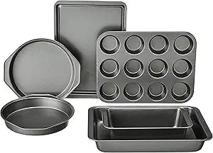 Amazon Basics 6 Piece Nonstick Carbon Steel Bakeware Set with Cake, Muffin, Cookie, and Loaf Pans, Easy Release, Oven Safe, 16.25 x 11.75 x 6.25 inches