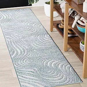 JONATHAN Y Maribo High-Low Abstract Striped Indoor/Outdoor Runner Rug 2x8, Light Blue/Ivory, Contemporary, Vintage, Bohemian, Glam, Bedroom, Kitchen, Living Room, Non Shedding (SCN103C-28)