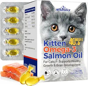 High DHA Omega 3 Fish Oil for Cats(60 Ct), Wild Salmon Oil, Brain, Vision & Immune Support, Easy-to-Twist-Off Softgel, Salmon Flavor for Healthy Skin & Coat