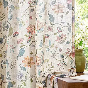jinchan Hattie Floral Linen Curtains 63 Inch Length Vintage Cottage Core Farmhouse Beige Semi Sheer Curtains for Kitchen Living Room Bedroom Privacy Light Filtering Back Tab Rod Pocket 2 Panels