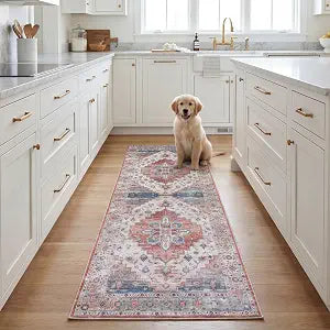 SAFAVIEH Washable Rug Tucson Collection - 2'6' x 10' Runner, Beige & Blue, Slip Resistant & Easy to Clean, Ideal for Living Room, Bedroom, Dining Space (TSN109B)