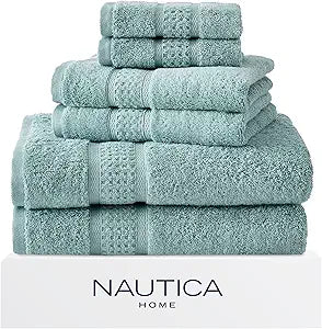 Nautica  Bathroom Towels, Soft Cotton Washcloth, Bath & Hand Towel Set, Highly Absorbent & Quick Dry, Zero Twist, Set of 6, College Dorm Room Essentials (Oceane Aqua)