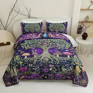 Bohemian Tree of Life Mushroom Quilt Bedding Set Twin Size for Girls and Kids,Green Tree Bed Cover Twin Size for Boys,Purple Floral Bedspread Sets Bedding Mystic Forest Bedroom Decor