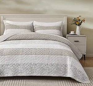 Chezmoi Collection Robyn 3-Piece Gray Taupe White Floral Hibiscus Flower Patchwork Striped Quilt Set - Pre-Washed Soft Lightweight Reversible Cotton Bedspread Coverlet for All Season, Super King Size