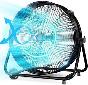 LifePlus 24 Inch Industrial Drum Fan High Velocity Floor Shop Fan 3 Speed, Heavy Duty Metal Air Circulator with Adjustable Tilt & Large Wheel for Warehouse, Garage, Factory, Patio, Barn, Black