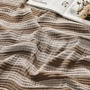 EMME Cotton Muslin Large Throw Blanket Couch 4-Layer Breathable Gauze Soft Lightweight Bed Blankets Adults (Striped Brown, 50"x71")