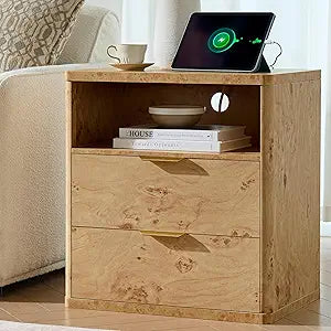 Awescuti Burl Finish Nightstand with Charging Station - Farmhouse Bedside Table with USB & 2 Outlets, Night Stand with Drawer and Large Open Shelf, Vintage Dresser for Bedroom, 2 Drawers