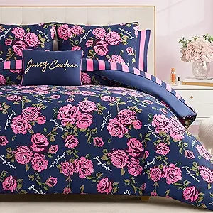Juicy Couture Rose Logo Full Comforter Set, Navy/Pink  8-Piece Complete Bed in a Bag