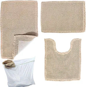 3 IN 1 Waffle Bathroom Rugs Sets 3 piece With Wash Bag & 3 Grip Pads, Dual Non Slip, Absorbent, Quick Dry, Machine Washable Bath Mat Set, Shower & Bathroom Floor, 17x24"+20x32"+20x24" Toilet Rug Brown