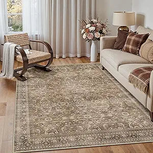 HUGEAR 3x5 Entryway Area Rug Vintage Brown Small Rug Machine Washable Door Mat Retro Floral Low Pile Carpet Vacuumable Distressed Throw Rug Entrance Kitchen Bedroom Bathroom Non Slip Lightweight