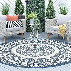 Homcomoda Round Outdoor Rugs 8ft Blue Patio Rugs Clearance Reversible Plastic Straw Rugs Waterproof Lightweight Outdoor Rugs Portable RV Camping Mat for Outdoor Porch Deck BBQ Backyard