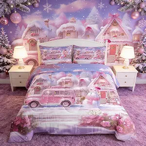 Manfei Christmas Comforter Set Queen Size, Pink Truck Flower Snowman Bedding Set for Kids Girls Room Decor, New Year Theme Down Comforter, Lightweight Duvet Insert, 2 Pillowcases
