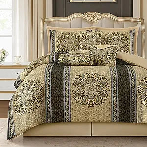 LANCO MODERN LIFESTYLE California King Comforter Set, Black Gold Medallion Jacquard Design, Luxurious Bohemian 7 Pieces Bedding Set with Decorative Pillows and Bed Skirt