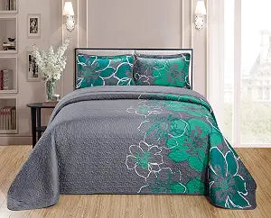 Home Collection Quilt Bedspread Set Over Size Flowers Printed Grey Turquoise King/California King New