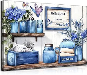 Navy Blue Farmhouse Bathroom Canvas Wall Art Blue Flowers and Butterflies Painting Picture Wall Decor Poster Print Artwork for Toilet Washroom Restroom Home Decoration
