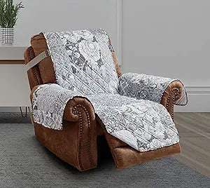 Brilliant Sunshine Grey Flowers Couch Recliner Cover, Patchwork Design, Sofa Cover for Dogs, Slip Resistant Furniture Protector with Strap, Washable Slipcover for Kids and Pets (28" seat)
