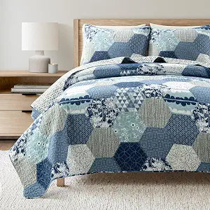 Lush Decor Briley Reversible Cotton Quilt Queen Size 3 Piece Set Full/Queen Dusty Blue - Bedding Set Queen Quilt - Patchwork Quilts - Country Decor
