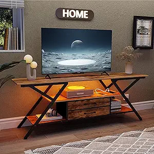 Simoretus TV Stand with Power Outlet and LED Lights, Fits TVs up to 65, 2 Fabric Drawers Entertainment Center with Open Storage Shelves, Media Console for Living Room, Bedroom (Rustic Brown)