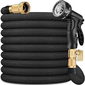 Flexible Garden Hose 25 FT, Ultra Lightweight Water Hoses 25FT w/10 Function Sprayer and 3/4" Brass Fittings, Kink-Free, Sturdy, Abrasion Resistant for Yard, Lawn, Outdoor and Gardening(Black)