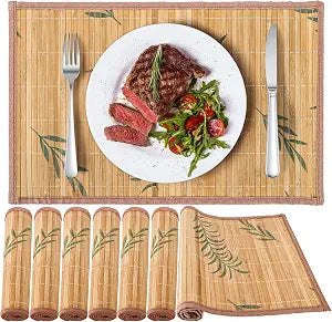 Eorbow 8 Pack Bamboo Placemats, 18 x 12 Inch Anti-Slip Table Mats, Heat Resistant Place Mats, Japanese Style Washable Placemats for Dining Room, Kitchen, Restaurant