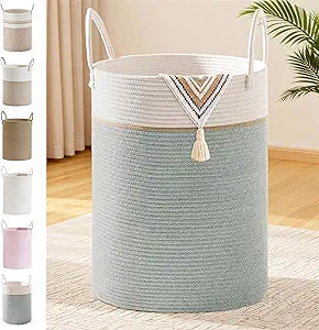 Tall Laundry Basket with Handles, 100L Portable Dirty Clothes Hamper, Boho Cotton Rope Storage Bin for Blankets Kids Toys Gifts, Extra Large Organizer for Nursery Bedroom Bathroom, Sage Green