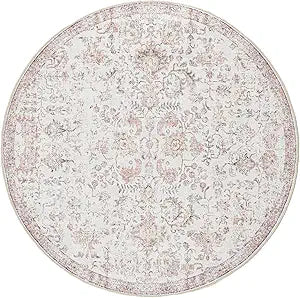 jinchan Kalen Round Rug 6ft Area Rug Washable Vintage Indoor Retro Accent Floor Cover Distressed Floral 6' Round Circle Boho Non Slip Thin Carpet for Living Room Dining Room Bedroom Kitchen Red