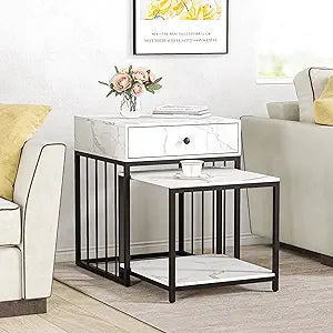 End 2 Piece Living Room Set Stacking Side Tables, Sturdy and Easy Assembly,Look Accent Furniture with Metal Frame, Slate Color