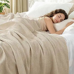 Exclusivo Mezcla 100% Cotton Waffle King Size Blanket for Bed, Lightweight and Breathable Gauze Muslin Blanket for Summer, Moisture-Wicking, Home Decor, 104"x90", Khaki