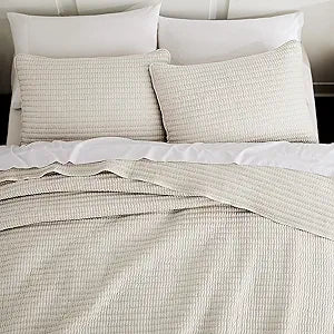 Beige Pick Stitch Oversized King Size Quilt Set, California King Striped Lightweight Soft Summer Spring Bedspread, Bamboo Linen Like Textured Coverlet, Chambray Farmhouse Country Rustic Bedding