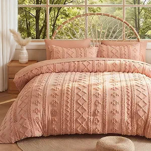 MR&HM Twin XL Comforter Set 5 Pieces Coral Pink, Boho Tufted Bed for Dorm
