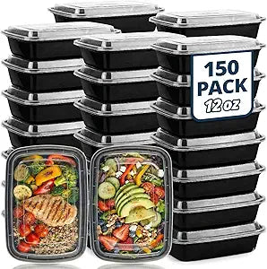 Tiya Meal Prep Containers with Lids - 150 Pack 12 oz BPA-Free Plastic Food Storage Containers Leak-Proof, Microwave, Dishwasher & Freezer Safe Reusable To-Go Boxes for Portion Control & Catering