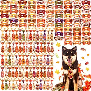 Chunful 150 Pcs Thanksgiving Day Dog Bow Ties Collars Bulk Adjustable Cat Dog Collars Bowtie Neckties Basic Puppy Costume for Small Medium Pet Grooming Accessories(Maple Leaves)