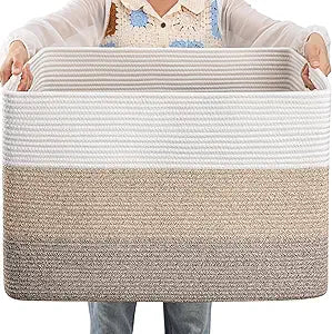 OIAHOMY 108L Large Cotton Rope Basket, Rectangle Woven Baskets for Storage, Nursery Blanket Storage Living Room, Toy Basket With Handle-25x16x16-Gradient Yellow